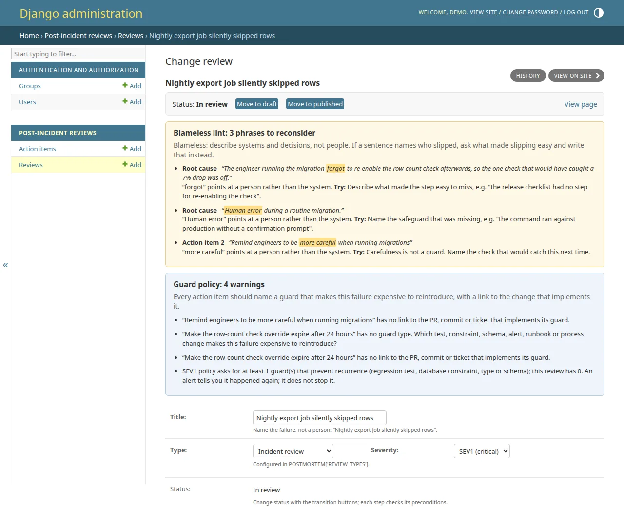 django-postmortem review form with blameless-language and guard warnings