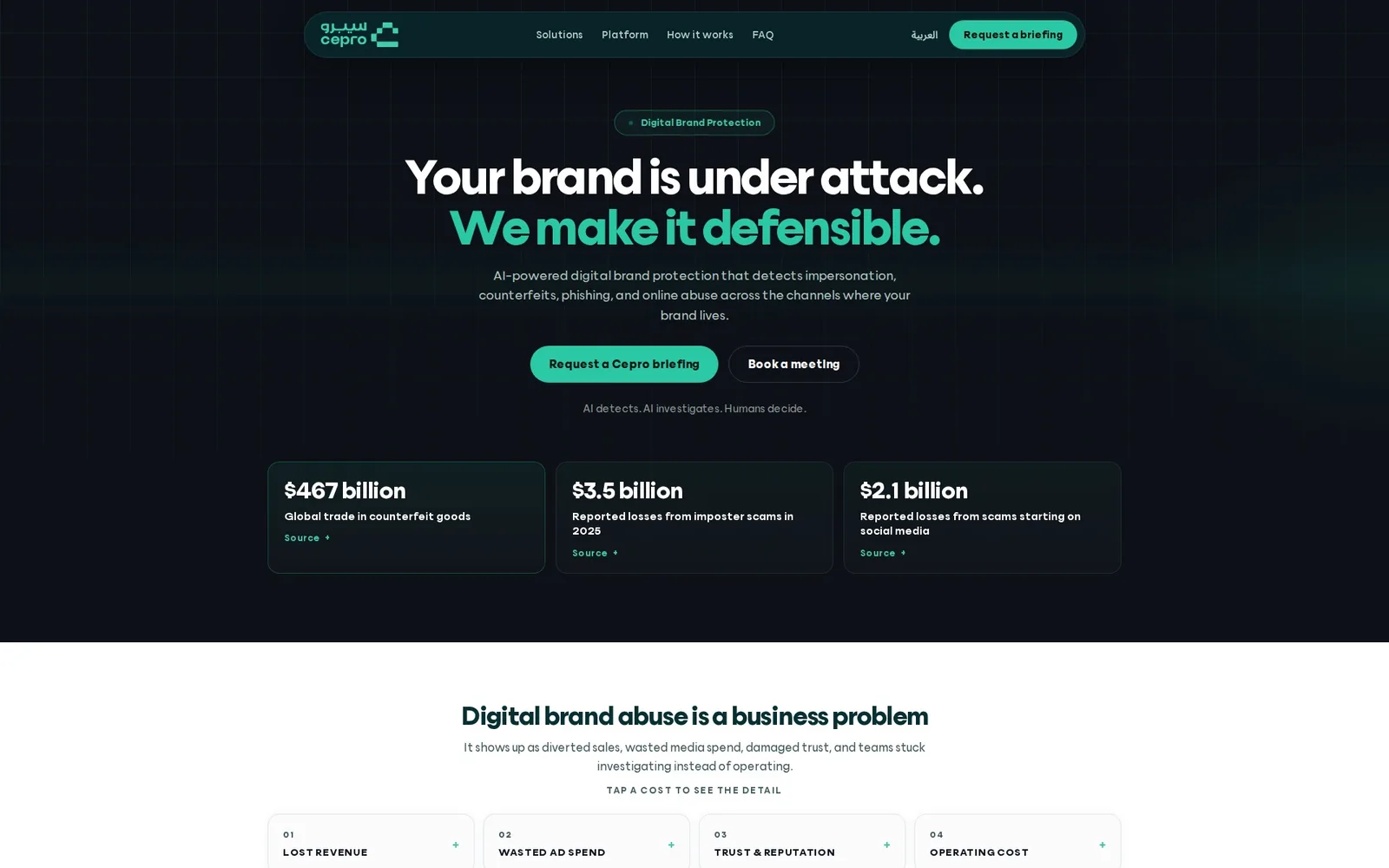 cepro.ai home page in English: 'Your brand is under attack. We make it defensible.'