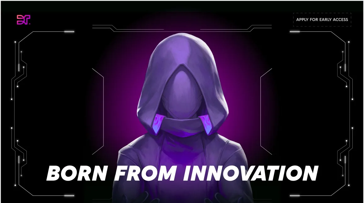 Digitee landing hero: a hooded figure and the words 'Born from innovation'