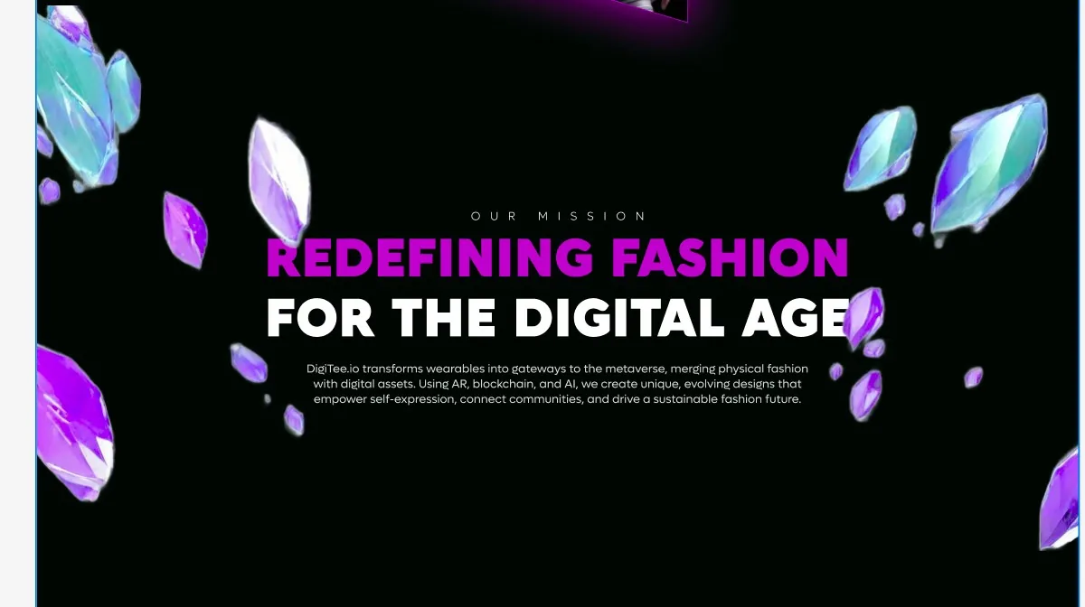 Digitee mission section, 'Redefining fashion for the digital age', with floating crystals