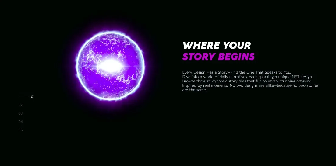 Digitee scroll section 'Where your story begins' with a glowing purple orb