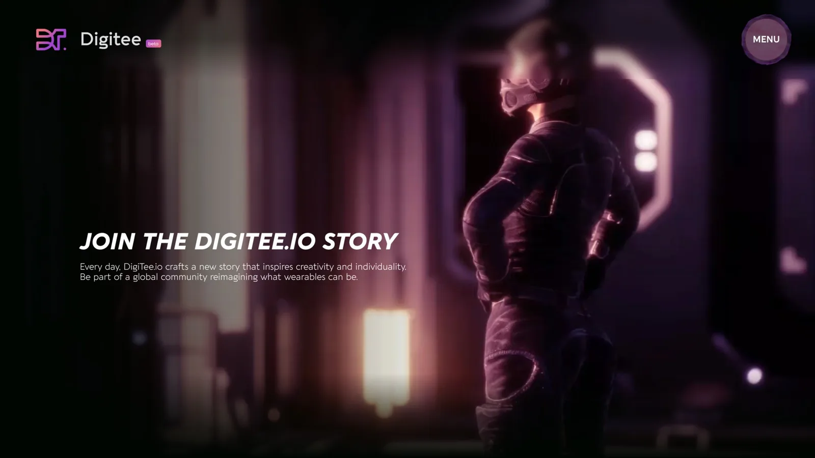 Digitee main platform hero with a figure in a neon-lit scene