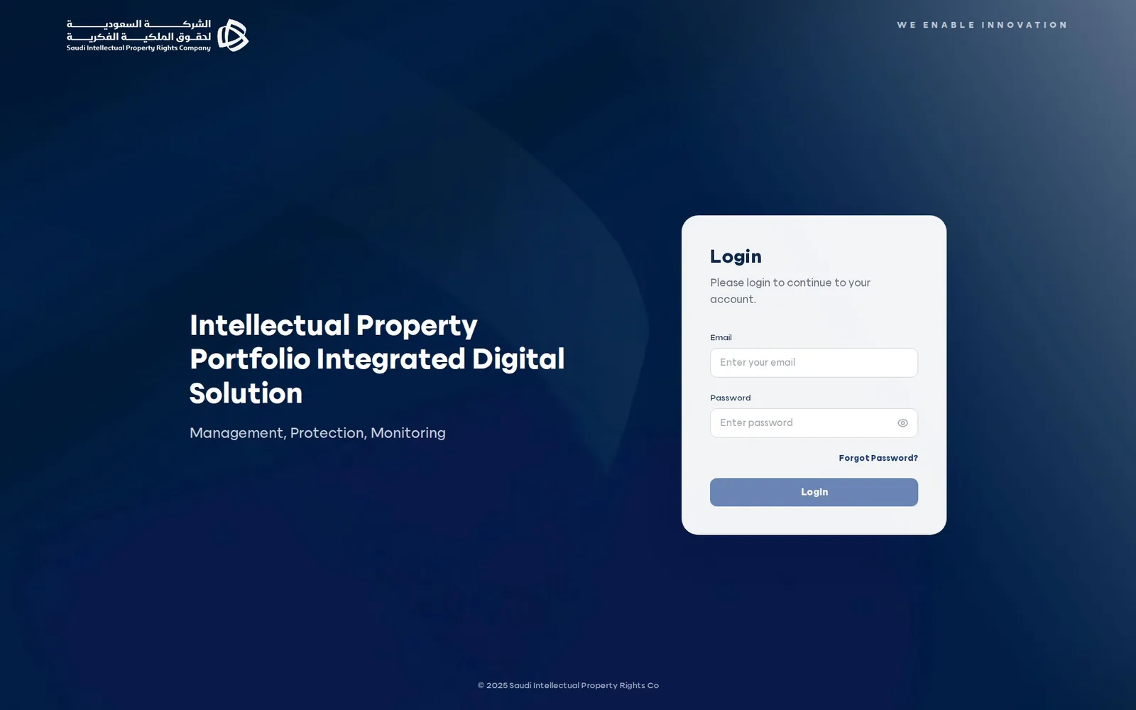 IPORA sign-in screen: 'Intellectual Property Portfolio Integrated Digital Solution', with an email and password form