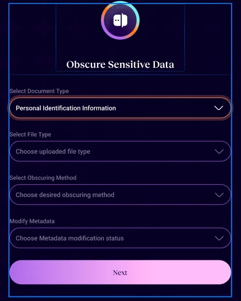 SafeMe form: document type, file type, obscuring method and metadata options