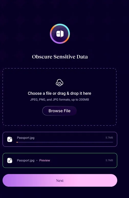 SafeMe upload step with a drag-and-drop area