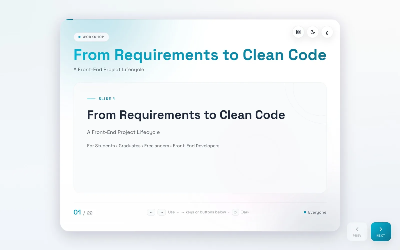 Title slide: 'From Requirements to Clean Code', a front-end project lifecycle workshop